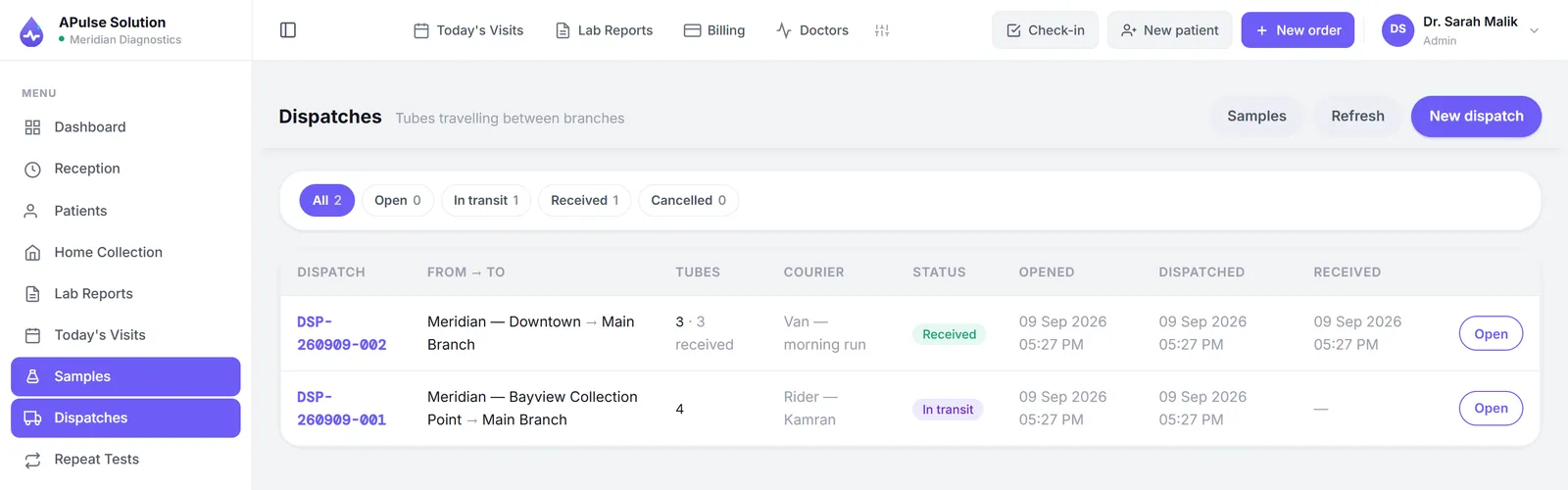 Dispatches screen in A Pulse Solution listing batches of tubes travelling from a collection point to the main branch, with the tube count, courier, status of received or in transit, and the times opened, dispatched and received