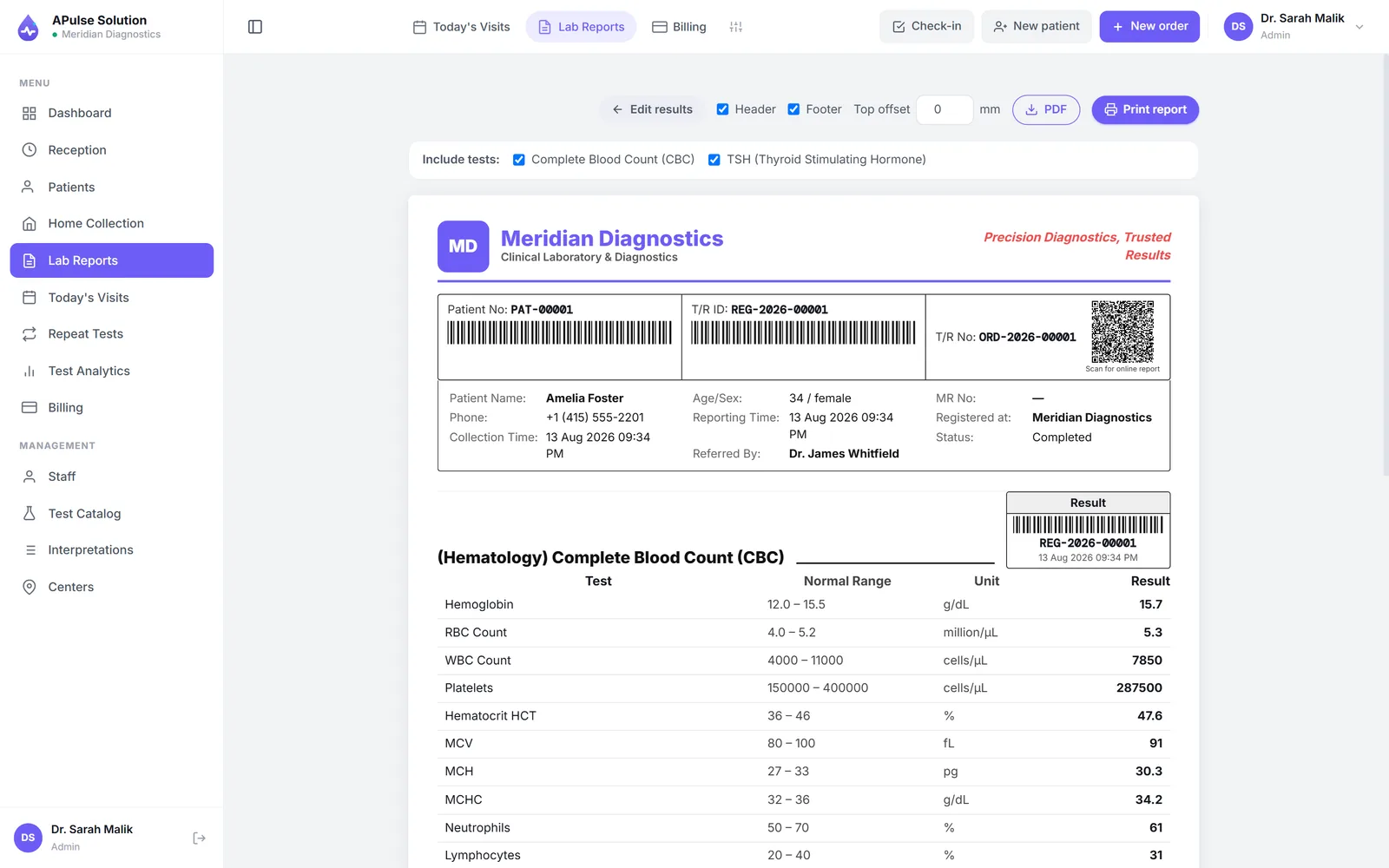Print preview of a branded lab report in A Pulse Solution with the laboratory name and logo, patient details, barcodes, a QR code for verification, and a Complete Blood Count result table with reference ranges