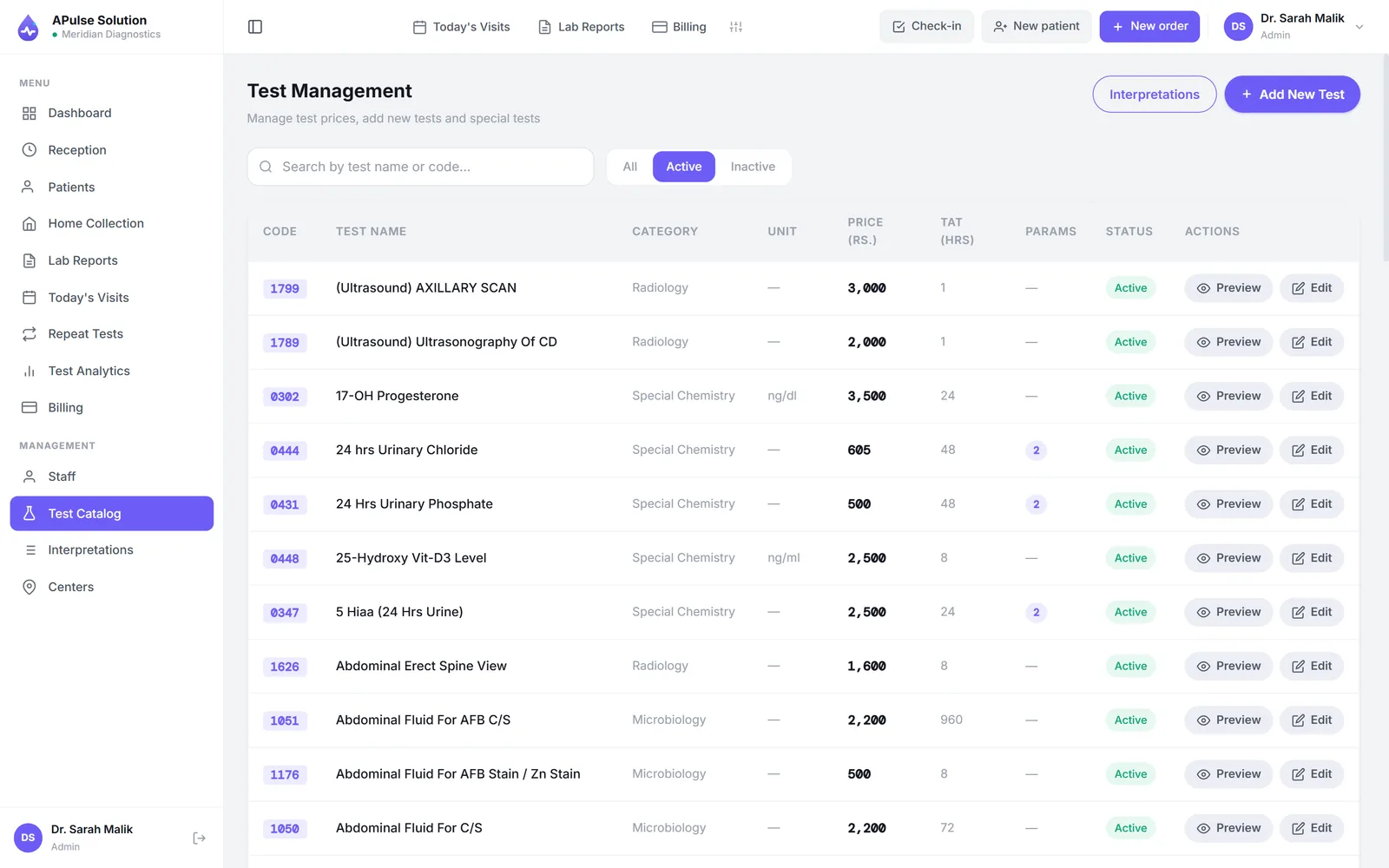 Test management screen in A Pulse Solution listing tests with their code, name, category, unit, price, turnaround time and parameter count